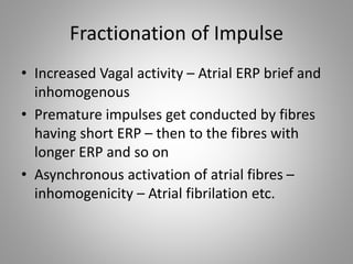 Fractionation of Impulse
• Increased Vagal activity – Atrial ERP brief and
inhomogenous
• Premature impulses get conducted...