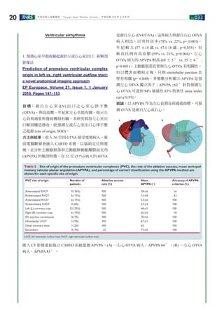 No.033THRS20 中華民國心律醫學會 ‧Taiwan Heart Rhythm Soclety‧ 中華民國 108 年 4 月出刊
Ventricular arrhythmia
1. 預測心室早期收縮起源於左或右心室出口 : 新解剖
影像法
Prediction of premature ventricular complex
origin in left vs. right ventricular outflow tract:
a novel anatomical imaging approach
EP Europace, Volume 21, Issue 1, 1 January
2019, Pages 147–153
目 標： 源 自 左 心 室 (LV) 出 口 之 心 室 心 律 不 整
(OTVA)，與高血壓、年紀和左心失能有關，暗示左
心負荷過重與發病機制有關。本研究假設左心室出
口解剖構造修改，能預測左或右心室出口心律不整
之起源 (site of origin, SOO)。
方法與結果：收入 56 位因 OTVA 接受電燒病人。術
前電腦斷層會匯入 CARTO 系統，以協助定位與電
燒，並分析主動脈根部和主動脈肺動脈瓣膜面交角
(APVPA) 的解剖特徵。有 32 位 (57%) 病人的 OTVA
匯入 CT 影像重組後以 CARTO 系統量測 APVPA。(A) 一右心 OTVA 病人，APVPA 60 °。(B) 一左心 OTVA
病人，APVPA 83 °。
是源自左心 (LVOT-VA)；這些病人與源自右心 OTVA
病人相比，以男性居多 (78% vs. 22%, p= 0.001)，
年 紀 較 大 (57 ±18 歲 vs. 47±18 歲 , p=0.055)， 有
較 高 比 例 有 高 血 壓 (59% vs. 21%, p=0.004)。 左 心
OTVA 病人的 APVPA 較高 (68 ± 5 ° vs. 55 ± 6 ° ,
p<0.001)；主動脈根部直徑與左心 OTVA 有相關性，
但以體表面積校正後，只與 sinotubular junction 直
徑有相關 (p= 0.049)。多變數分析顯示 APVPA 是預
測左心 OTVA 獨立因子；APVPA ≥62 °針對預測左
心 OTVA 可達到 94% 敏感性 83% 特異性 (area under
curve 0.95)。
結論：以 APVPA 作為左心長期負荷過重指標，可預
測 OTVA 是源自左心或右心。
 