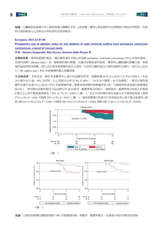 No.041
THRS
8 中華民國心律醫學會 ‧Taiwan Heart Rhythm Soclety‧ 中華民國 110 年 3 月出刊
（圖一）
（圖二）
結論：心臟磁振造影確立的心肌疤痕獨立關聯於 PVC 心肌病變。雖然心肌疤痕的存在會導致手術成功率降低，但該
病人族群術後左心室射出分率改善的比例卻較高。
Europace. 2021;23:91-98
Prospective use of ablation index for the ablation of right ventricle outflow tract premature ventricular
contractions: a proof of concept study
作者 : Alessio Gasperetti, Rita Sicuso, Antonio Dello Russo 等
目標與背景：導管射頻燒灼術是一種治療特發性早期心室收縮 (premature ventricular contractions, PVC) 有效的選項，
而燒灼指標（ablation index）是一個新穎的燒灼標識，它融合射頻能量的強度、導管與心臟組織的接觸力量、和能
量的施放時間等參數，經公式計算來推測燒灼病灶之深度。目前的文獻仍缺乏以燒灼指標作為導引，進行右心室出
口（RV outflow tract）PVC 的射頻燒灼術之相關預後。
方法與成果：本研究是一個在多家醫學中心進行的前瞻性研究，連續收錄 60 位右心室出口之 PVC 的病人（年紀
26.2 歲至 62.2 歲、58% 為男性、左心室射出分率 52.4% 至 60%）（34 位為中隔壁、26 位為側壁），接受以燒灼指
標作為導引來進行右心室出口 PVC 的射頻燒灼術（側壁須達到燒灼指標邊界值 590、中隔壁則須達到燒灼指標邊界
值 610）。使用傾向匹配的統計方法比較另外 60 位接受一般標準術式的病人，發現接受一般標準術式的病人於術後
6 個月之心律不整復發率較高（28% vs 7%, P = 0.003）( 圖一 )，若以不同的燒灼部位來區分亦可發現此現象（側壁
27% vs 4%; P = 0.06; 中隔壁 29% vs 9%, P = 0.05）( 圖二 )。燒灼指標導引的確可以有效地改善心律不整之復發率 [ 總
和 OR 6.61 (1.95-22.35), P = 0.001; 中隔壁 OR 5.99 (1.21-29.65), P = 0.028; 側壁 OR 11.86 (1.12-124.78), P = 0.039]。
結論：以燒灼指標導引輔助特發性 VPC 的射頻燒灼術，相較於一般標準術式，在術後 6 個月有較佳的預後。
 