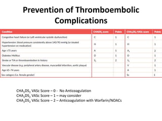 Prevention of Thromboembolic
Complications
CHA2DS2 VASc Score – 0 - No Anticoagulation
CHA2DS2 VASc Score – 1 – may consider
CHA2DS2 VASc Score – 2 – Anticoagulation with Warfarin/NOACs
 