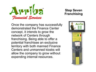 Step Seven Franchising Once the company has successfully demonstrated the Finance Center concept, it intends to grow the network of Centers through franchising. Being able to offer a potential franchisee an exclusive territory with both manned Finance Centers and unmanned kiosks will allow the company to grow without expending internal resources. 