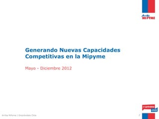 Generando Nuevas Capacidades
                     Competitivas en la Mipyme

                     Mayo - Diciembre 2012




Arriba MiPyme | Empréndete Chile                    2
 