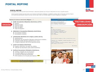 PORTAL MIPYME




                                   FACTIBILIDAD
  EMISIÓN                           INSCRIPCIÓN




Arriba MiPyme | Empréndete Chile        25
 
