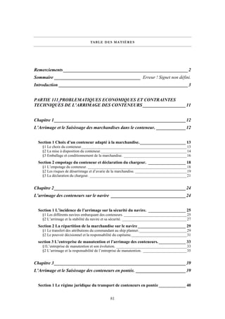 TABLE DES MATIÈRES
Remerciements _______________________________________________________2
Sommaire ______________________________________ Erreur ! Signet non défini.
Introduction _________________________________________________________3
PARTIE 111 PROBLEMATIQUES ECONOMIQUES ET CONTRAINTES
TECHNIQUES DE L’ARRIMAGE DES CONTENEURS ___________________11
Chapitre 1__________________________________________________________12
L’Arrimage et le Saisissage des marchandises dans le conteneur. _____________12
Section 1 Choix d’un conteneur adapté à la marchandise.______________________ 13
§1 Le choix du conteneur._______________________________________________________13
§2 La mise à disposition du conteneur._____________________________________________14
§3 Emballage et conditionnement de la marchandise. _________________________________16
Section 2 empotage du conteneur et déclaration du chargeur. __________________ 18
§1 L’empotage du conteneur. ____________________________________________________18
§2 Les risques de désarrimage et d’avarie de la marchandise. ___________________________19
§3 La déclaration du chargeur. ___________________________________________________21
Chapitre 2__________________________________________________________24
L’arrimage des conteneurs sur le navire _________________________________24
Section 1 L’incidence de l’arrimage sur la sécurité du navire. __________________ 25
§1 Les différents navires embarquant des conteneurs. _________________________________25
§2 L’arrimage et la stabilité du navire et sa sécurité. __________________________________27
Section 2 La répartition de la marchandise sur le navire_______________________ 29
§1 Le transfert des attributions du commandant au ship planner._________________________29
§2 Le pouvoir décisionnel et la responsabilité du capitaine._____________________________31
section 3 L’entreprise de manutention et l’arrimage des conteneurs._____________ 33
§1L’entreprise de manutention et son évolution. _____________________________________33
§2 L’arrimage et la responsabilité de l’entreprise de manutention. _______________________35
Chapitre 3__________________________________________________________39
L’Arrimage et le Saisissage des conteneurs en pontée. ______________________39
Section 1 Le régime juridique du transport de conteneurs en pontée_____________ 40
81
 