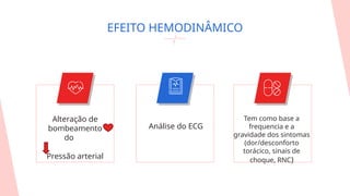 Análise do ECG
EFEITO HEMODINÂMICO
Alteração de
bombeamento
do
Pressão arterial
Tem como base a
frequencia e a
gravidade dos sintomas
(dor/desconforto
torácico, sinais de
choque, RNC)
 