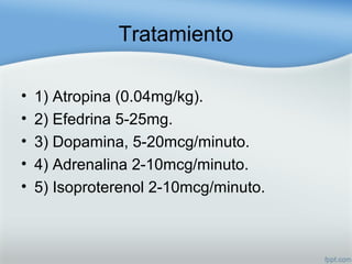 Tratamiento
• 1) Atropina (0.04mg/kg).
• 2) Efedrina 5-25mg.
• 3) Dopamina, 5-20mcg/minuto.
• 4) Adrenalina 2-10mcg/minuto.
• 5) Isoproterenol 2-10mcg/minuto.
 