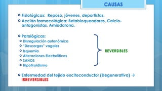 CAUSAS
! Fisiológicas: Reposo, jóvenes, deportistas.
! Acción farmacológica: Betabloqueadores, Calcio-
antagonistas, Amiodarona.
! Patológicas:
! Disregulación autonómica
! “Descargas” vagales
! Isquemia REVERSIBLES
! Alteraciones Electrolíticas
! SAHOS
! Hipotiroidismo
! Enfermedad del tejido excitoconductor (Degenerativa) !
IRREVERSIBLES
 