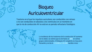 Bloqueo
Auriculoventricular
Trastorno en el que los impulsos auriculares son conducidos con retraso
o no son conducidos en absoluto a los ventrículos en un momento en
que la vía de conducción AV no está en un periodo refractario fisiológico.
La incidencia de los trastornos de la conducción AV aumenta
con la edad y se estima que es de hasta un 30% en ciertos
grupos seleccionados. El bloqueo AV congénito es muy poco
frecuente y se da en 1:15.000 a 1:22.000 nacidos vivos.
 