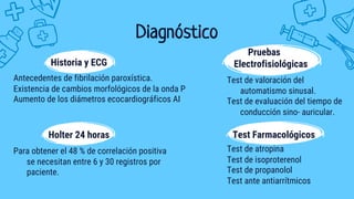 Antecedentes de fibrilación paroxística.
Existencia de cambios morfológicos de la onda P
Aumento de los diámetros ecocardiográficos AI
Diagnóstico
Historia y ECG
Para obtener el 48 % de correlación positiva
se necesitan entre 6 y 30 registros por
paciente.
Holter 24 horas
Test de atropina
Test de isoproterenol
Test de propanolol
Test ante antiarrítmicos
Test Farmacológicos
Test de valoración del
automatismo sinusal.
Test de evaluación del tiempo de
conducción sino- auricular.
Pruebas
Electrofisiológicas
 