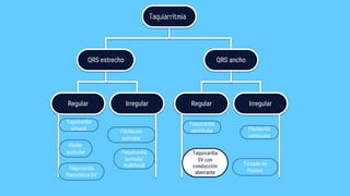 Regular Irregular Regular Irregular
QRS ancho
QRS estrecho
Taquiarritmia
Flutter
auricular
Taquicardia
Paroxística SV
Taquicardia
ventricular
Taquicardia
auricular
multifocal
Fibrilación
auricular
Taquicardia
SV con
conducción
aberrante
Fibrilación
ventricular
Taquicardia
sinusal
Torsade de
Pointes
 