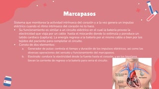 Marcapasos
Sistema que monitorea la actividad intrínseca del corazón y a la vez genera un impulso
eléctrico cuando el ritmo intrínseco del corazón no lo hace.
▪ Su funcionamiento es similar a un circuito eléctrico en el cual la batería provee la
electricidad que viaja por un cable hasta el miocardio donde lo estimula y poroduce un
latido cardiaco (captura). La energía regresa a la batería por el mismo cable o bien por los
tejidos del paciente para completar el circuito.
▪ Consta de dos elementos:
a. Generador de pulso: controla el tiempo y duración de los impulsos eléctricos, asi como las
diversas operaciones del sensato y funcionamiento del marcapasos.
b. Electrodo: conduce la electricidad desde la fuente hasta el corazón, y en los bipolares
llevan la corriente de regreso a la batería para cerra el circuito.
 