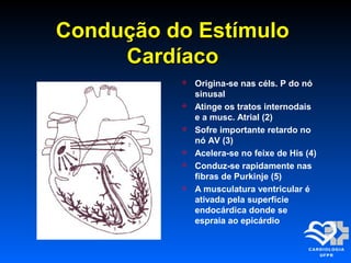 Condução do EstímuloCondução do Estímulo
CardíacoCardíaco
 Origina-se nas céls. P do nó
sinusal
 Atinge os tratos internodais
e a musc. Atrial (2)
 Sofre importante retardo no
nó AV (3)
 Acelera-se no feixe de His (4)
 Conduz-se rapidamente nas
fibras de Purkinje (5)
 A musculatura ventricular é
ativada pela superfície
endocárdica donde se
espraia ao epicárdio
 