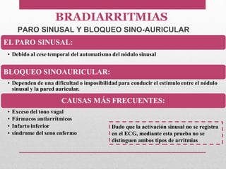 Dado que la activación sinusal no se registra
en el ECG, mediante esta prueba no se
distinguen ambos tipos de arritmias
PARO SINUSAL Y BLOQUEO SINO-AURICULAR
BRADIARRITMIAS
 