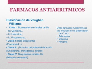 FARMACOS ANTIARRITMICOS
Clasificacion de Vaughan
Williams
• Clase I: Bloqueantes de canales de Na
– Ia: Quinidina,..
– Ib: Lidocaína,..
– Ic: Propafenona,..
• Clase II: Beta-bloqueantes
(Propranolol,..)
• Clase III: ↑Duracion del potencial de acción
(Amiodarona, dronedarona, sotalol)
• Clase IV: Bloqueantes canales Ca
(Diltiazem,verapamil)
Otros fármacos Antiarrítmicos
(no incluidos en la clasificación
de V. W.)
●
Adenosina
●
Digoxina
●
Atropina
 