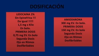 DOSIFICACIÓN
LIDOCAINA 2%
Sin Epinefrina !!!
Da igual !!!!!
1,5 mg x Kilo
En bolo.
PRIMERA DOSIS
0,75 mg EV. En bolo
Segunda Dosis
Ojo en Ritmos
Desfibrilables
 