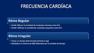 Ritmo Regular
• Dividir 300 por la Cantidad de Cuadrados Grandes entre R-R.
• Dividir 1500 por la cantidad de cuadrados pequeños entre R-R.
Ritmo Irregular
• Tomar un tiempo determinado (mínimo 6 seg)
• Multiplicar el número de QRS Obtenidos por la variable de tiempo.
 