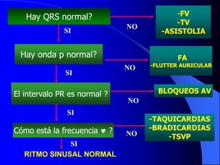 Hay QRS normal?
Hay onda p normal?
El intervalo PR es normal ?
Cómo está la frecuencia  ?
RITMO SINUSAL NORMAL
-FV
-TV
-ASISTOLIA
-FA
-FLUTTER AURICULAR
-BLOQUEOS AV
-TAQUICARDIAS
-BRADICARDIAS
-TSVP
NO
NO
NO
NO
SI
SI
SI
SI
 