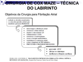 CIRURGIA DE COX MAZE – TÉCNICA
DO LABIRINTO
Objetivos da Cirurgia para Fibrilação Atrial

FILHO, J.D.F.; LUCCHESE, F. TRATAMENTO CIRÚRGICO DA FIBRILAÇÃO ATRIAL CRÔNICA
REVISÂO E ATUALIZAÇÃO, Hospital São Francisco/ Santa Casa de Porto Alegre.

 