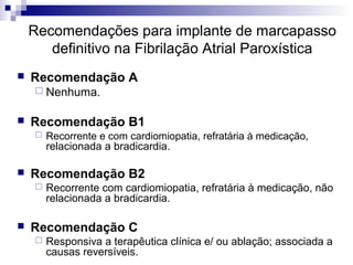 Recomendações para implante de marcapasso
definitivo na Fibrilação Atrial Paroxística


Recomendação A
 Nenhuma.



Recomendação B1




Recomendação B2




Recorrente e com cardiomiopatia, refratária à medicação,
relacionada a bradicardia.

Recorrente com cardiomiopatia, refratária à medicação, não
relacionada a bradicardia.

Recomendação C


Responsiva a terapêutica clínica e/ ou ablação; associada a
causas reversíveis.

 