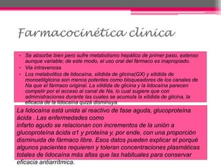 • Se absorbe bien pero sufre metabolismo hepático de primer paso, extenso
aunque variable; de este modo, el uso oral del fármaco es inapropiado.
• Via intravenosa
• Los metabolitos de lidocaína, xilidida de glicina(GX) y xilidida de
monoetilglicina son menos potentes como bloqueadores de los canales de
Na que el fármaco original. La xilidida de glicina y la lidocaína parecen
competir por el acceso al canal de Na, lo cual sugiere que con
administraciones durante las cuales se acumula la xilidida de glicina, la
eficacia de la lidocaína quizá disminuya.
La lidocaína está unida al reactivo de fase aguda, glucoproteína
ácida . Las enfermedades como
infarto agudo se relacionan con incrementos de la unión a
glucoproteína ácida α1 y proteína y, por ende, con una proporción
disminuida de fármaco libre. Esos datos pueden explicar el porqué
algunos pacientes requieren y toleran concentraciones plasmáticas
totales de lidocaína más altas que las habituales para conservar
eficacia antiarrítmica.
Farmacocinética clínica
 