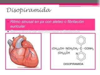 Disopiramida
• Ritmo sinusal en px con aleteo o fibrilación
auricular
• Recurrencia de taquicardias o fibrilación
ventricular
 