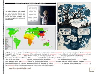 1111
ACTIVITY EIGHT - A SHORT HISTORY OF LANGUAGES
Language families are groups of languages ................... are related to each other because ................... come from a common older language. ...................
languages in such a family are ................... in their vocabulary or structure. For ................... , French and Spanish both come from ................... . Latin was
spoken a long time ................... . When the time went on, in some regions, people who ................... this language started to talk differently, ................... ,
for example, "bueno" instead of “good,” while ................... group of individuals started saying "bon" and so on.
Thus, we say they are two ................... languages, Spanish and French. Most words ................... said a little differently in Spanish ................... French.
Most languages belong to a ................... family, but some languages do not. ................... languages are called isolated languages. There are ...................
constructed languages, like Esperanto. We develop constructed languages for different ................... : for making a “world Language” like ................... , for
fun, ................... its use in some situations, such as fiction, science (scientific language)...
The aliens in the film have shared
the text below with Louise, but
they have taken out some of the
words. Help Louise complete the
text again using the words she sees
on the screen.
 