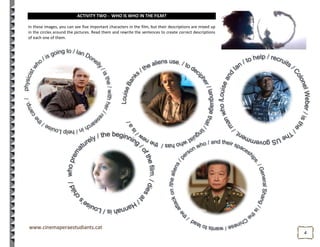 44
ACTIVITY TWO - WHO IS WHO IN THE FILM?
In these images, you can see five important characters in the film, but their descriptions are mixed up
in the circles around the pictures. Read them and rewrite the sentences to create correct descriptions
of each one of them.
 