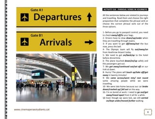 88
ACTIVITY SIX - PHRASAL VERBS IN JOURNEYS
All the sentences below are related to journeys
and travelling. Read them and choose the right
preposition that completes the phrasal verb or
choose the correct phrasal verb out of the
three options.
1- Before you go to passport control, you need
to check away/off/in your bags.
2- Drivers have to slow down/up/under when
they are travelling through towns.
3- If you want to get off/away/out the bus
now, press the bell.
4- The Olympic team will fly out/away/on
from Heathrow Airport today.
5- We need to get on/back/up to the hotel
before dinnertime.
6- The plane touched down/on/up safely and
the passengers got out.
7- We got away/continued out/set off on our
trek at dawn.
8- Hurry! The plane will touch up/take off/get
away in twenty minutes!
9- We came across/went into/ met round
some amazing people while we were
travelling.
10- We were late home because our car broke
down/crashed up/ fell out on the way.
11- I’m so bored at work. I need to go out/get
away/travel apart from it all for a while.
12- Even though we were lost, we still carried
on/kept under/moved further walking.
 