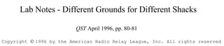 Lab Notes - Different Grounds for Different Shacks
QST April 1996, pp. 80-81
Copyright  1996 by the American Radio Relay League, Inc. All rights reserved
 