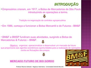 Empresários criaram, em 1917, a Bolsa de Mercadorias de São Paulo  introduzindo as operações a termo. Tradição na negociação de contratos agropecuários Em 1986, começa a funcionar a Bolsa Mercantil e de Futuros - BM&F  BM&F e BMSP fundiram suas atividades, surgindo a Bolsa de Mercadorias & Futuros – BM&F.  Objetivo:   organizar, operacionalizar e desenvolver um mercado de futuro  que proporcione aos agentes econômicos oportunidades para a realização de operações    contra as flutuações dos preços. MERCADO FUTURO DE BOI GORDO INTRODUÇÃO 