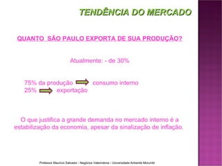 QUANTO  SÃO PAULO EXPORTA DE SUA PRODUÇÃO? Atualmente: - de 30%  75% da produção   consumo interno  25%    exportação O que justifica a grande demanda no mercado interno é a estabilização da economia, apesar da sinalização de inflação.  TENDÊNCIA DO MERCADO 