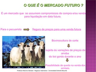 O QUE É O MERCADO FUTURO ? É um mercado que  se assumem compromissos de compra e/ou venda para liquidação em data futura.  Para o pecuarista    S eguro de preços para uma venda futura Bovinocultura de corte    sujeita às variações de preços da arroba  do boi gordo durante o ano  Possibilidade de queda na venda dos animais . 