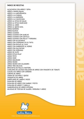 ÍNDICE DE RECETAS
ALCACHOFAS CON ARROZ Y SEPIA
ARROZ A BANDA Rápido
ARROZ A LA AMPURDANESA
ARROZ A LA CUBANA
ARROZ A LA MARINERA
ARROZ A LA VALENCIANA
ARROZ AL ESTILO DE MILAN
ARROZ AL ESTILO MURCIANO
ARROZ AL LIMÓN
ARROZ AL QUESO AZUL
ARROZ BANDERA
ARROZ BLANCO
ARROZ CALDOSO
ARROZ CALDOSO CON ALMEJAS
ARROZ CALDOSO CON COSTILLA
ARROZ CALDOSO CON POLLO Y VERDURAS
ARROZ CON ALCACHOFAS
ARROZ CON CHIPIRONES EN SU TINTA
ARROZ CON DÁTILES AL CAVA
ARROZ CON GARBANZOS AL HORNO
ARROZ CON SALCHICHAS
ARROZ CON VERDURAS
ARROZ DE PAYÉS
ARROZ ESTILO PILAF
ARROZ FRITO
ARROZ HINDI
ARROZ MOLDEADO
ARROZ NEGRO
ARROZ NEGRO CON CALAMARES
ARROZ TRES DELICIAS
BROCHETAS DE POLLO (YAKITORI)
CANELONES DE LECHUGA RELLENOS DE ARROZ CON VINAGRETA DE TOMATE
CAZUELA DE ARROZ CON CORDERO
CORONA DE ARROZ
CREMA DE CASTAÑAS Y QUESO
CROQUETAS DE ARROZ
ENROLLADOS DE JAMÓN E HIGOS
ENSALADA DE ARROZ
ENSALADA DE ARROZ CON GAMBAS Y PESTO
ENSALADA DE ARROZ Y CABALLA
HAMBURGUESAS DE ARROZ INTEGRAL
MILHOJAS DE TERIYAKI DE SALMÓN, VERDURAS Y ARROZ
 