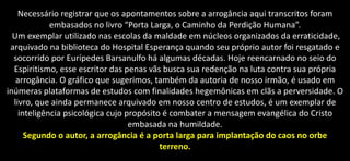 Necessário registrar que os apontamentos sobre a arrogância aqui transcritos foram
embasados no livro “Porta Larga, o Caminho da Perdição Humana”.
Um exemplar utilizado nas escolas da maldade em núcleos organizados da erraticidade,
arquivado na biblioteca do Hospital Esperança quando seu próprio autor foi resgatado e
socorrido por Eurípedes Barsanulfo há algumas décadas. Hoje reencarnado no seio do
Espiritismo, esse escritor das penas vãs busca sua redenção na luta contra sua própria
arrogância. O gráfico que sugerimos, também da autoria de nosso irmão, é usado em
inúmeras plataformas de estudos com finalidades hegemônicas em clãs a perversidade. O
livro, que ainda permanece arquivado em nosso centro de estudos, é um exemplar de
inteligência psicológica cujo propósito é combater a mensagem evangélica do Cristo
embasada na humildade.
Segundo o autor, a arrogância é a porta larga para implantação do caos no orbe
terreno.
 