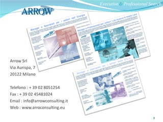 Arrow Srl Via Aurispa, 7 20122 Milano Telefono : + 39 02 8051254 Fax : + 39 02 45481024 Email : info@arrowconsulting.it Web : www.arroconsulting.eu Executive  &  Professional Search 