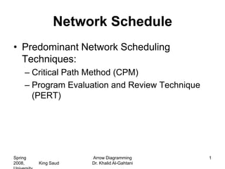 Network Schedule
• Predominant Network Scheduling
  Techniques:
     – Critical Path Method (CPM)
     – Program Evaluation and Review Technique
       (PERT)




Spring               Arrow Diagramming           1
2008,    King Saud   Dr. Khalid Al-Gahtani
 