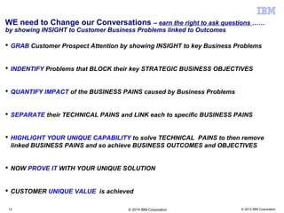 © 2013 IBM Corporation
WE need to Change our Conversations – earn the right to ask questions ……
by showing INSIGHT to Customer Business Problems linked to Outcomes
 GRAB Customer Prospect Attention by showing INSIGHT to key Business Problems
 INDENTIFY Problems that BLOCK their key STRATEGIC BUSINESS OBJECTIVES
 QUANTIFY IMPACT of the BUSINESS PAINS caused by Business Problems
 SEPARATE their TECHNICAL PAINS and LINK each to specific BUSINESS PAINS
 HIGHLIGHT YOUR UNIQUE CAPABILITY to solve TECHNICAL PAINS to then remove
linked BUSINESS PAINS and so achieve BUSINESS OUTCOMES and OBJECTIVES
 NOW PROVE IT WITH YOUR UNIQUE SOLUTION
 CUSTOMER UNIQUE VALUE is achieved
12 © 2014 IBM Corporation
 