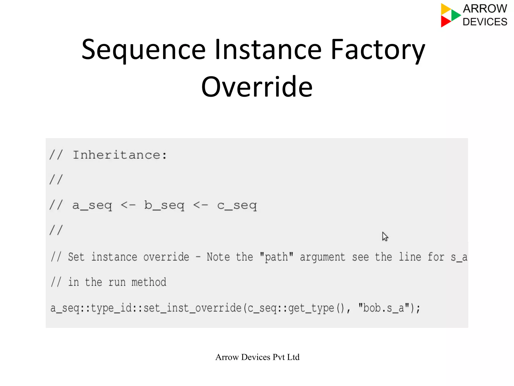Arrow Devices Pvt Ltd
Sequence	
  Instance	
  Factory	
  
Override	
  
 