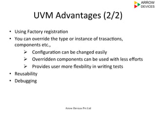 UVM	
  Advantages	
  (2/2)	
  
•  Using	
  Factory	
  registra0on	
  
•  You	
  can	
  override	
  the	
  type	
  or	
  instance	
  of	
  trasac0ons,	
  
components	
  etc.,	
  
Ø  Conﬁgura0on	
  can	
  be	
  changed	
  easily	
  
Ø  Overridden	
  components	
  can	
  be	
  used	
  with	
  less	
  eﬀorts	
  
Ø  Provides	
  user	
  more	
  ﬂexbility	
  in	
  wri0ng	
  tests	
  
•  Reusability	
  
•  Debugging	
  
	
  	
  
Arrow Devices Pvt Ltd
 