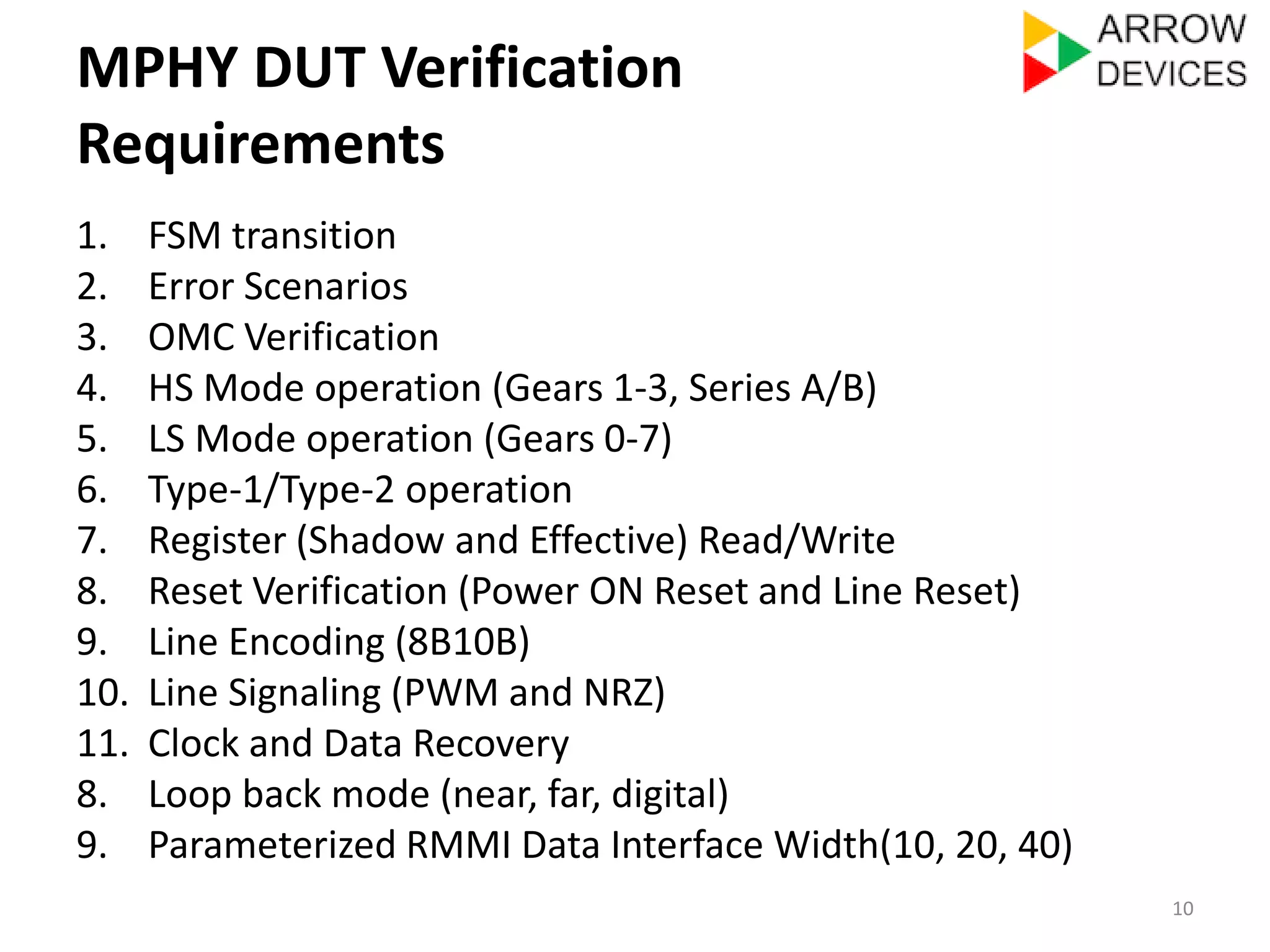 MPHY DUT Verification 
Requirements 
1. FSM transition 
2. Error Scenarios 
3. OMC Verification 
4. HS Mode operation (Gears 1-3, Series A/B) 
5. LS Mode operation (Gears 0-7) 
6. Type-1/Type-2 operation 
7. Register (Shadow and Effective) Read/Write 
8. Reset Verification (Power ON Reset and Line Reset) 
9. Line Encoding (8B10B) 
10. Line Signaling (PWM and NRZ) 
11. Clock and Data Recovery 
8. Loop back mode (near, far, digital) 
9. Parameterized RMMI Data Interface Width(10, 20, 40) 
10 
 