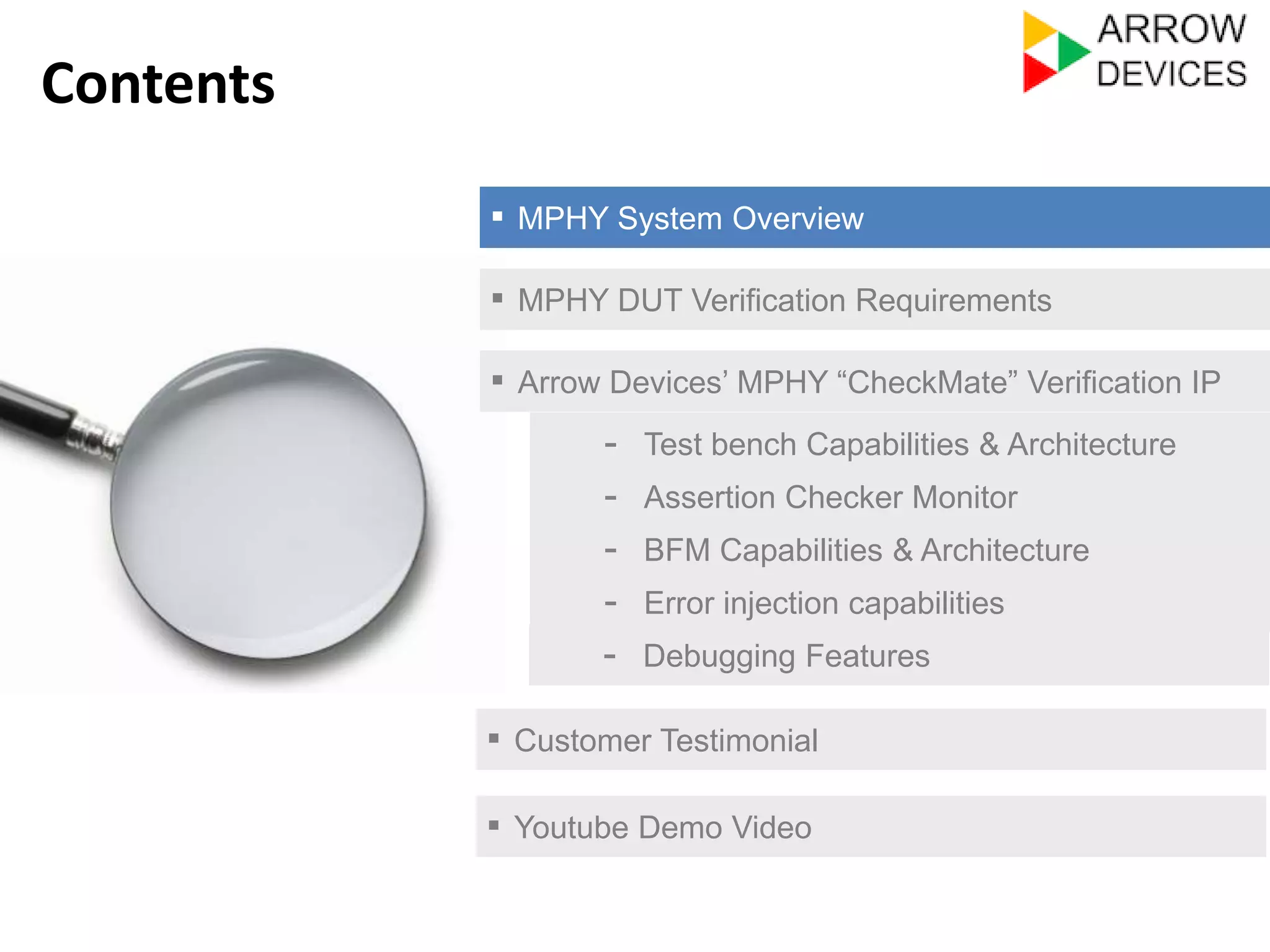 ▪ MPHY System Overview 
▪ MPHY DUT Verification Requirements 
▪ Arrow Devices’ MPHY “CheckMate” Verification IP 
- Assertion Checker Monitor 
- BFM Capabilities & Architecture 
- Error injection capabilities 
▪ Customer Testimonial 
Contents 
- Test bench Capabilities & Architecture 
- Debugging Features 
▪ Youtube Demo Video 
 