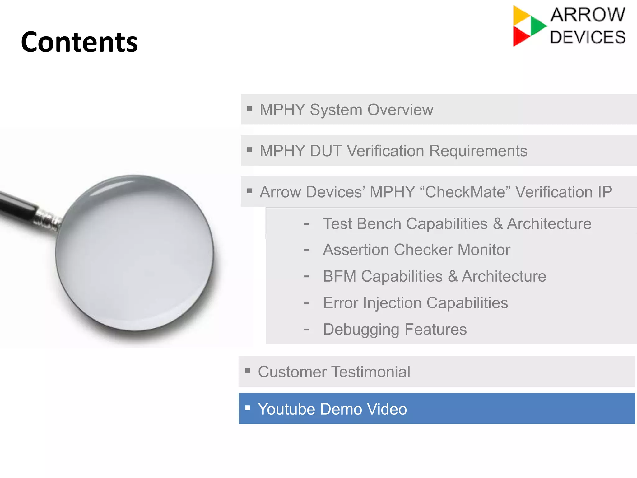▪ MPHY System Overview 
▪ MPHY DUT Verification Requirements 
▪ Arrow Devices’ MPHY “CheckMate” Verification IP 
- Test Bench Capabilities & Architecture 
- Assertion Checker Monitor 
- Error Injection Capabilities 
- Debugging Features 
▪ Customer Testimonial 
Contents 
- BFM Capabilities & Architecture 
▪ Youtube Demo Video 
 