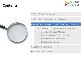 ▪ MPHY System Overview 
▪ MPHY DUT Verification Requirements 
▪ Arrow Devices’ MPHY “CheckMate” Verification IP 
- Test Bench Capabilities & Architecture 
- Assertion Checker Monitor 
- Error Injection Capabilities 
- Debugging Features 
▪ Customer Testimonial 
Contents 
- BFM Capabilities & Architecture 
▪ Youtube Demo Video 
 