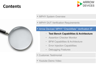 ▪ MPHY System Overview 
▪ MPHY DUT Verification Requirements 
▪ Arrow Devices’ MPHY “CheckMate” Verification IP 
- Test Bench Capabilities & Architecture 
- Assertion Checker Monitor 
- Error Injection Capabilities 
- Debugging Features 
▪ Customer Testimonial 
Contents 
- BFM Capabilities & Architecture 
▪ Youtube Demo Video 
 