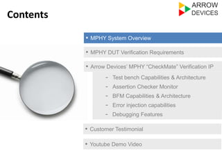▪ MPHY System Overview 
▪ MPHY DUT Verification Requirements 
▪ Arrow Devices’ MPHY “CheckMate” Verification IP 
- Assertion Checker Monitor 
- BFM Capabilities & Architecture 
- Error injection capabilities 
▪ Customer Testimonial 
Contents 
- Test bench Capabilities & Architecture 
- Debugging Features 
▪ Youtube Demo Video 
 