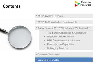 ▪ MPHY System Overview 
▪ MPHY DUT Verification Requirements 
▪ Arrow Devices’ MPHY “CheckMate” Verification IP 
- Test Bench Capabilities & Architecture 
- Assertion Checker Monitor 
- Error Injection Capabilities 
- Debugging Features 
▪ Customer Testimonial 
Contents 
- BFM Capabilities & Architecture 
▪ Youtube Demo Video 
 