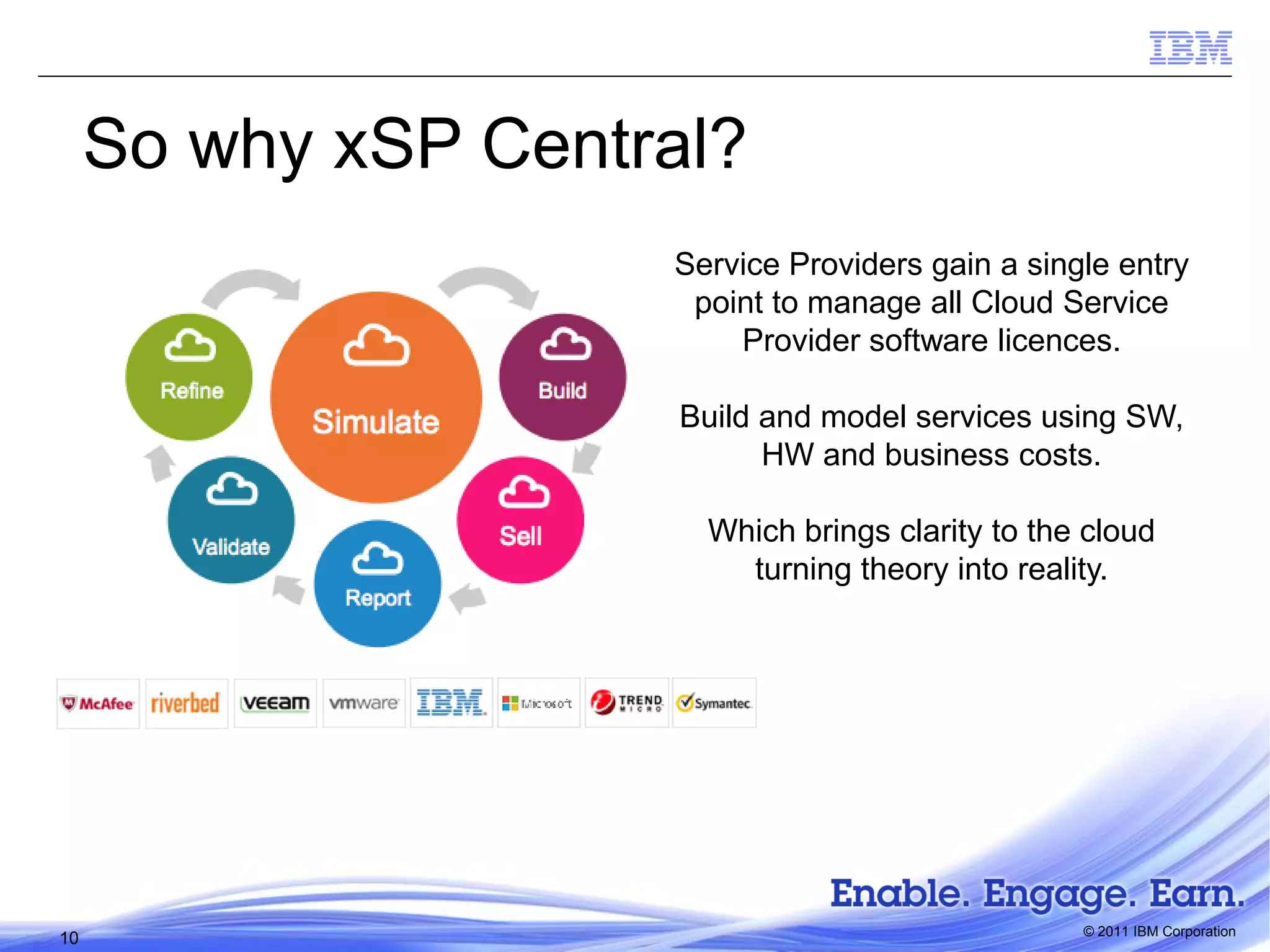 So why xSP Central?
Service Providers gain a single entry
point to manage all Cloud Service
Provider software licences.
Build and model services using SW,
HW and business costs.
Which brings clarity to the cloud
turning theory into reality.

10

© 2011 IBM Corporation

 