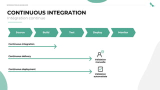 CONTINUOUS INTEGRATION
Intégration continue
Source Build Test Deploy Monitor
Continuous integration
Continuous delivery
Validation
manuelle
Continuous deployment
Validation
automatisée
INTRODUCTION À DEVSECOPS
 