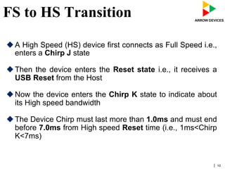 | 10
FS to HS Transition
u A High Speed (HS) device first connects as Full Speed i.e.,
enters a Chirp J state
u Then the device enters the Reset state i.e., it receives a
USB Reset from the Host
u Now the device enters the Chirp K state to indicate about
its High speed bandwidth
u The Device Chirp must last more than 1.0ms and must end
before 7.0ms from High speed Reset time (i.e., 1ms<Chirp
K<7ms)
 