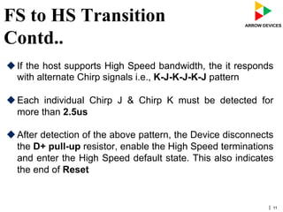 | 11
FS to HS Transition
Contd..
u If the host supports High Speed bandwidth, the it responds
with alternate Chirp signals i.e., K-J-K-J-K-J pattern
u Each individual Chirp J & Chirp K must be detected for
more than 2.5us
u After detection of the above pattern, the Device disconnects
the D+ pull-up resistor, enable the High Speed terminations
and enter the High Speed default state. This also indicates
the end of Reset
 